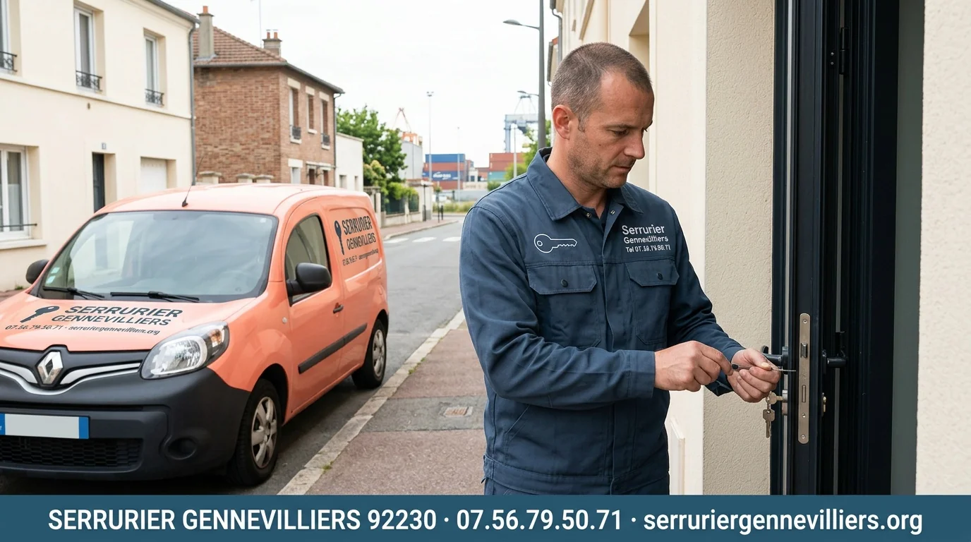 Serrurier Gennevilliers 92230 en intervention avec bannière coordonnées